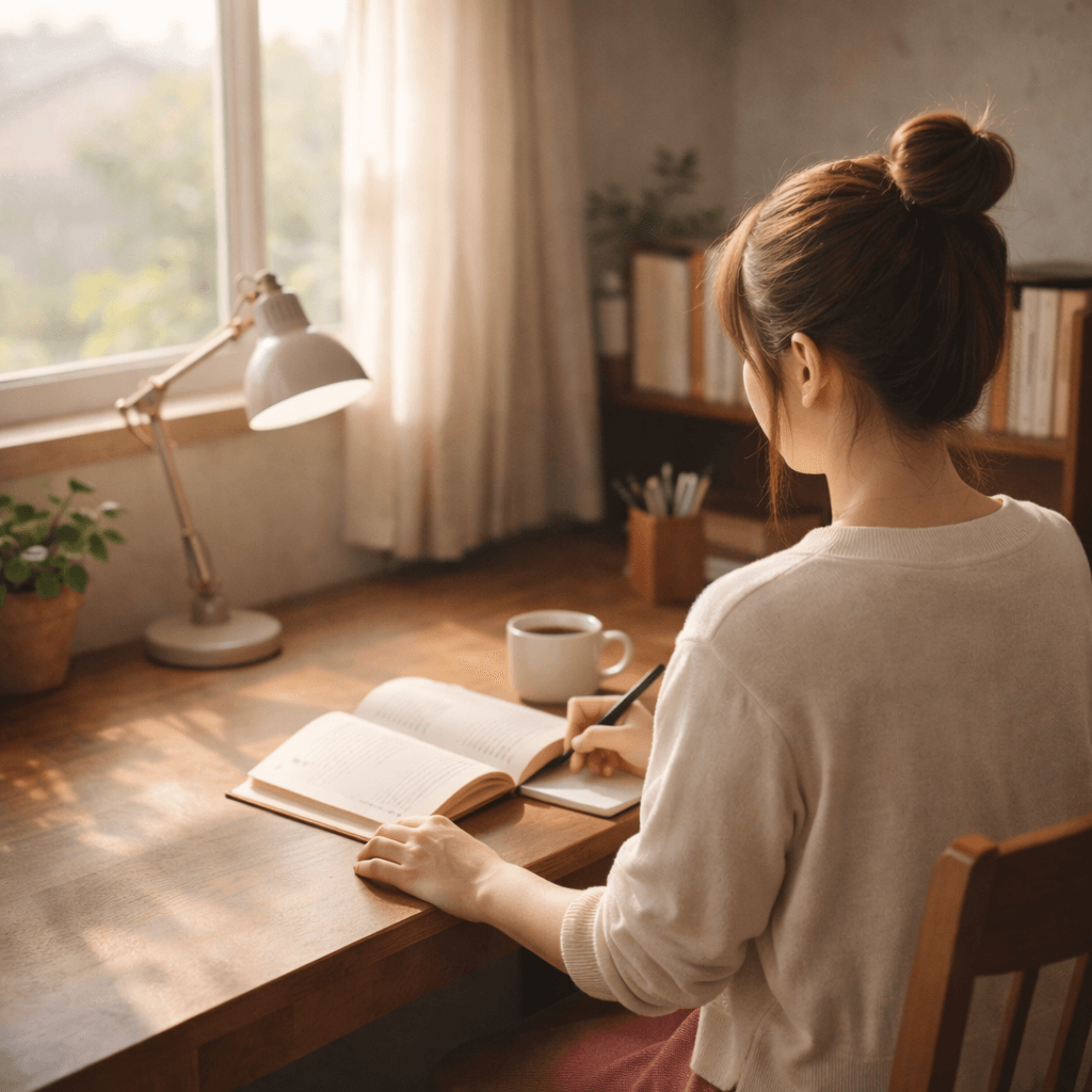 조용한 집안 한쪽에 마련된 업무 공간에서 블로그 글을 쓰거나 책을 읽는 주부, 책상 위에는 노트와 커피잔이 놓여 있고 햇살이 창가로 스며들어 따뜻한 분위기를 만드는 모습, 집중과 몰입이 느껴지는 현실적인 주부 일상