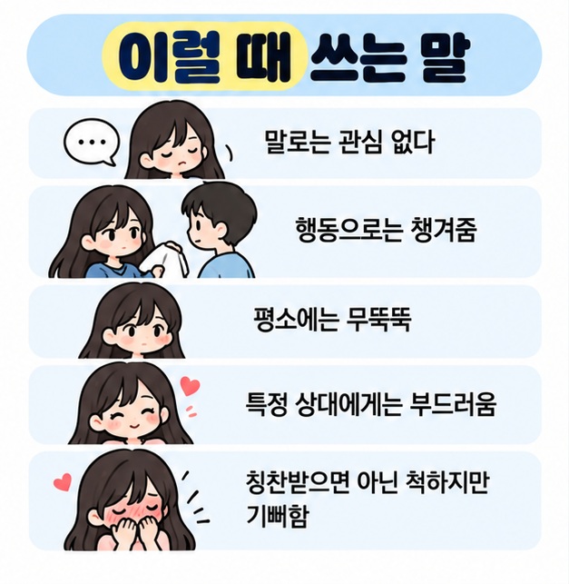 말로는 무심한 척하지만 행동으로 챙겨주거나 특정 상대에게만 부드러워지는 츤데레 사용 상황을 정리한 카드