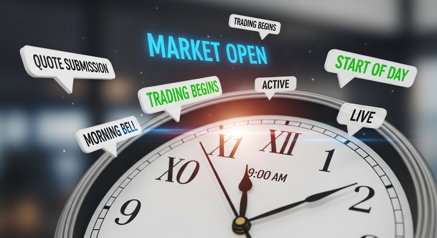 Image of an analog clock pointing to 900 AM, with keywords like 'Market Open', 'Quote Submission' floating around it.