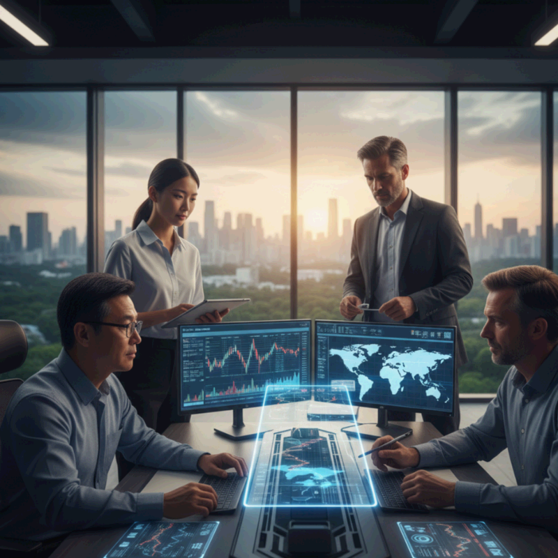 펀드 전문가들이 글로벌 투자 전략을 논의하는 모습. $\text{자산운용사}$의 전문적인 펀드 운용과 신뢰를 상징하며, 안정적인 수익 관리를 강조하는 금융 컨셉 이미지.