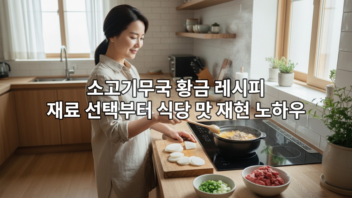 따뜻한 주방에서 한 여성이 맑은 소고기무국을 끓이는 모습. 식재료들이 주변에 정돈되어 있다.