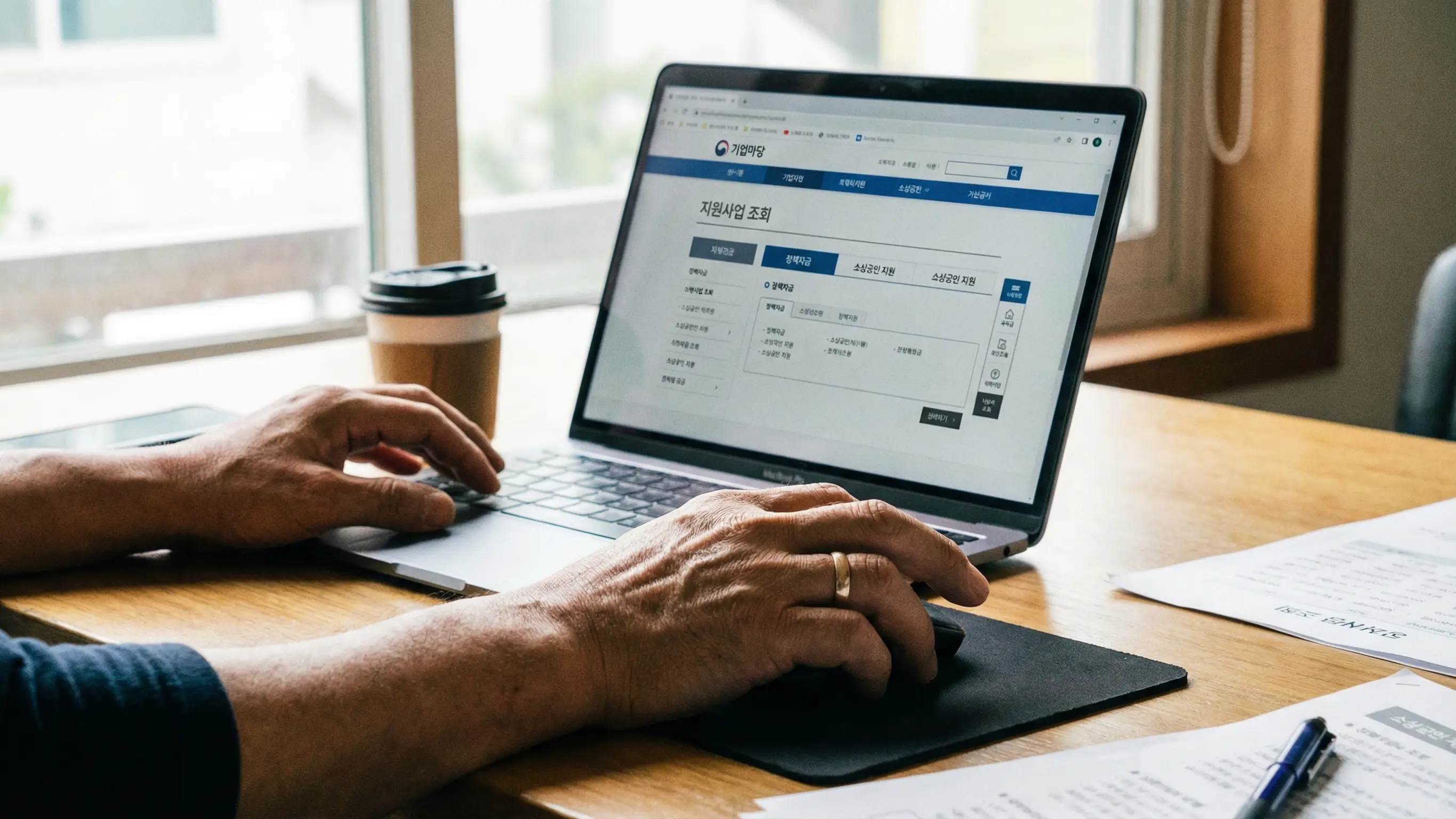 노트북 화면에 기업마당 홈페이지를 띄워놓고 지원 사업을 조회하는 사장님의 손 클로즈업