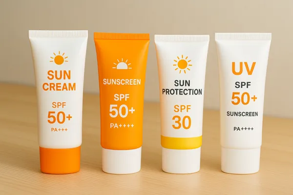 다양한 SPF 선크림 튜브 배열
