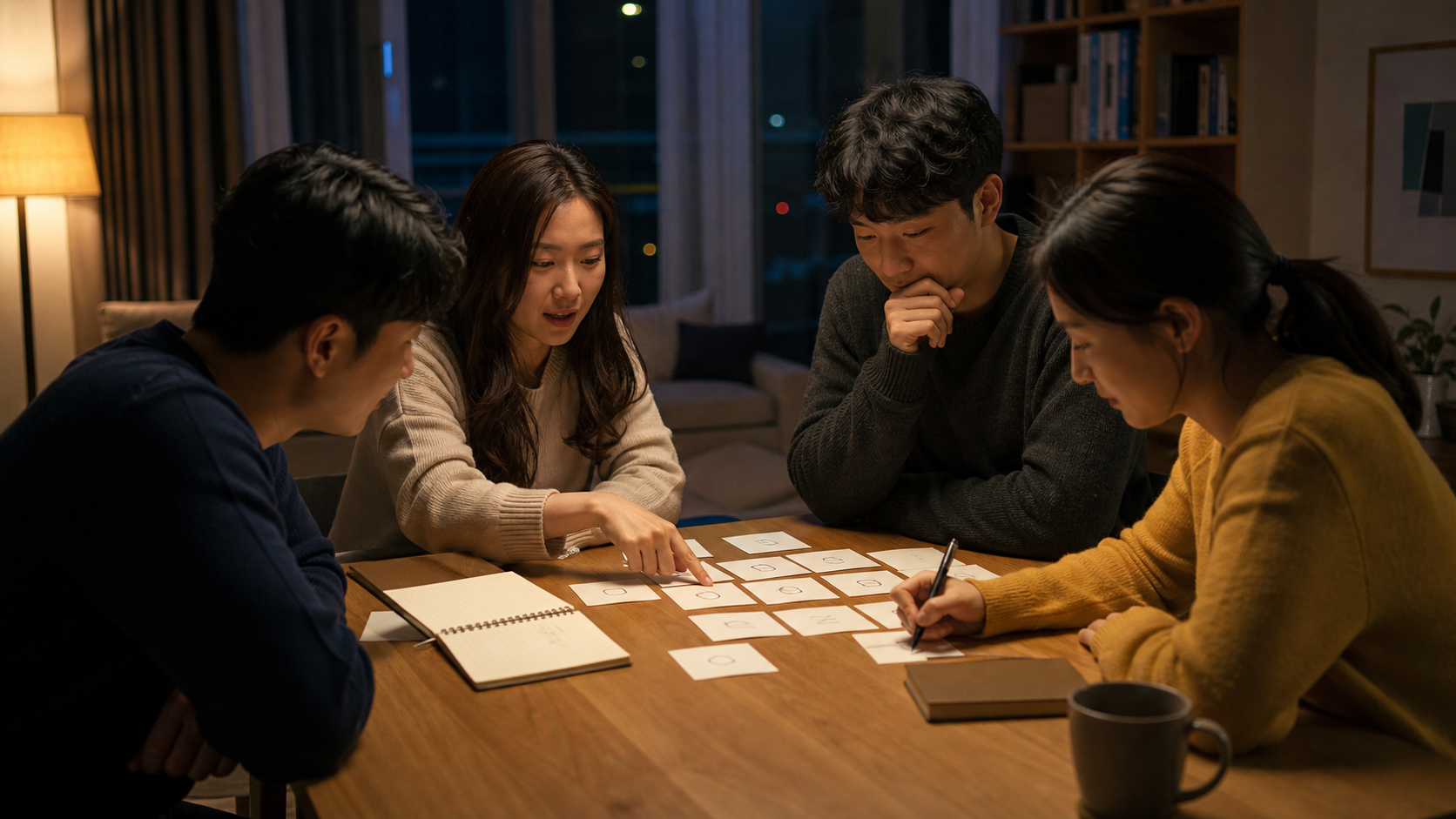 밤에 테이블에 둘러앉아 바다거북 스프 추리 문제를 함께 만드는 네 사람