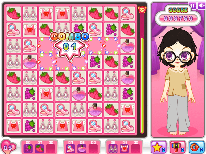 쥬디의-뷰티-스타일-변신-플래시게임-플레이2-같은-그림-5개를-연결하여-콤보에-성공한-화면