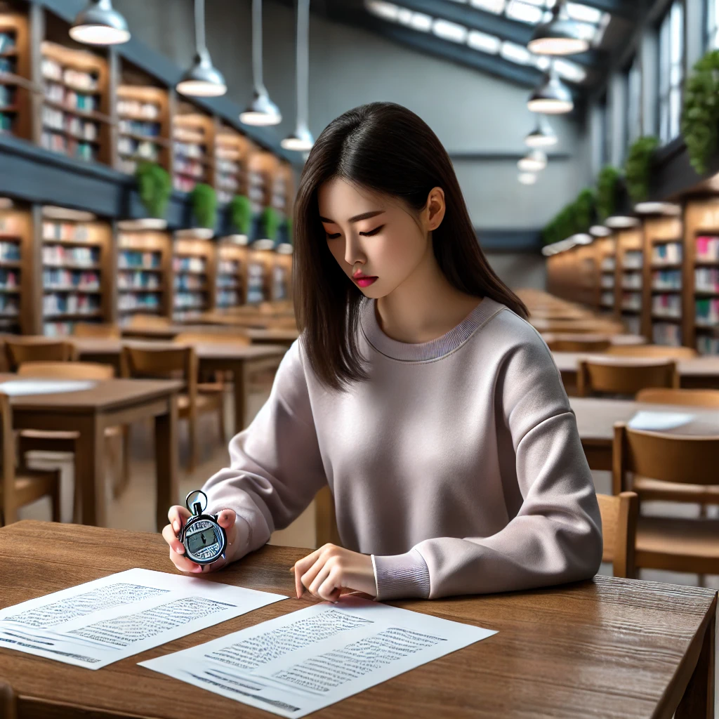도서관에서 스톱워치를 사용하며 모의 시험 문제를 푸는 젊은 여성