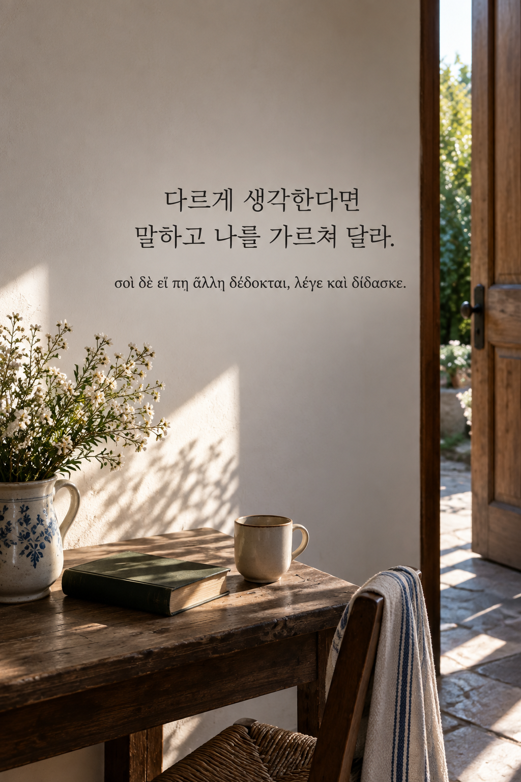 소크라테스 명언 30 &mdash; 다르게 생각한다면 말하고 나를 가르쳐 달라. &mdash; 열린 문틈으로 들어오는 아침빛