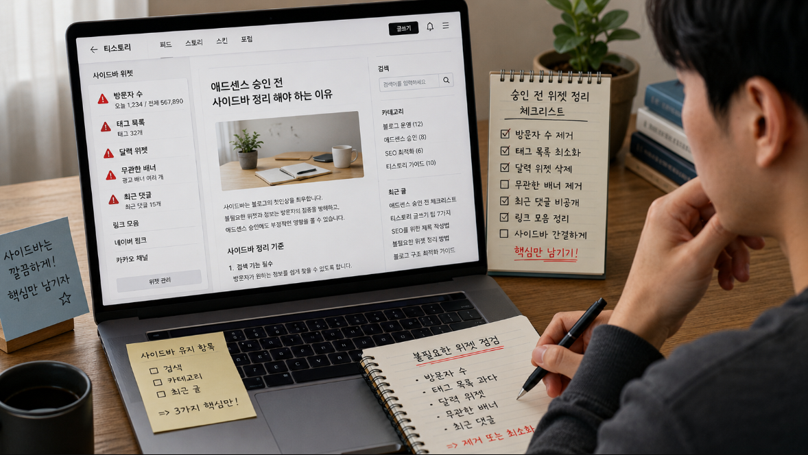 티스토리 사이드바에서 불필요한 위젯과 복잡한 태그 목록을 점검하는 블로거 이미지