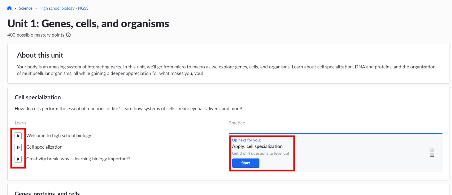 칸아카데미 강의실 영상 페이지 및 연습문제 페이지 스크린샷