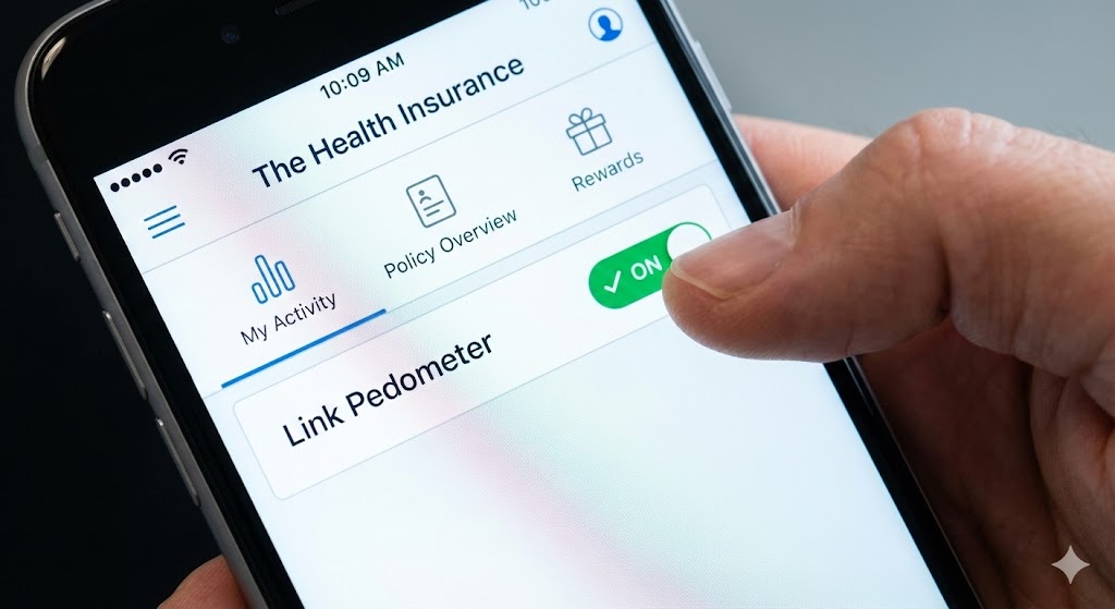 스마트폰 화면에서 'The건강보험' 앱을 실행하고 보수계 연동 버튼을 누르는 손가락 일러스트