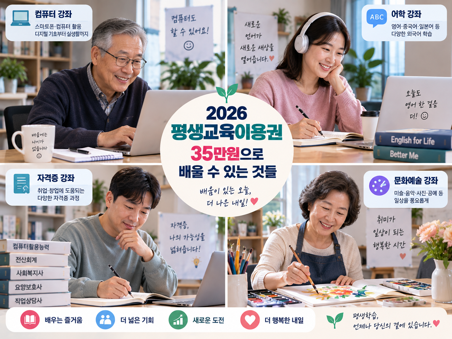 평생교육이용권으로 컴퓨터&middot;영어&middot;자격증&middot;문화예술 강좌를 배우는 사람들