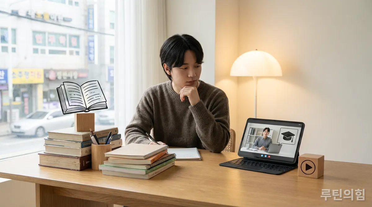 자신의 학습 스타일에 맞춰 독학과 인강 중 어떤 방식을 선택할지 고민하는 한국인 학습자
