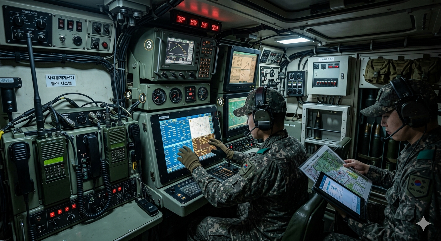 K9 자주포의 정확한 정밀 타격을 가능하게 하는 핵심 두뇌, 사격지휘 기자재의 모습을 상세하게 그려보았습니다.
자주포 내부의 한정된 공간에 빼곡히 들어찬 첨단 통신 및 연산 장비들과, 데이터 링크를 통해 실시간으로 표적 정보를 분석하고 사격 제원을 산출해내는 지휘관들의 긴장된 모습을 확인하실 수 있습니다.