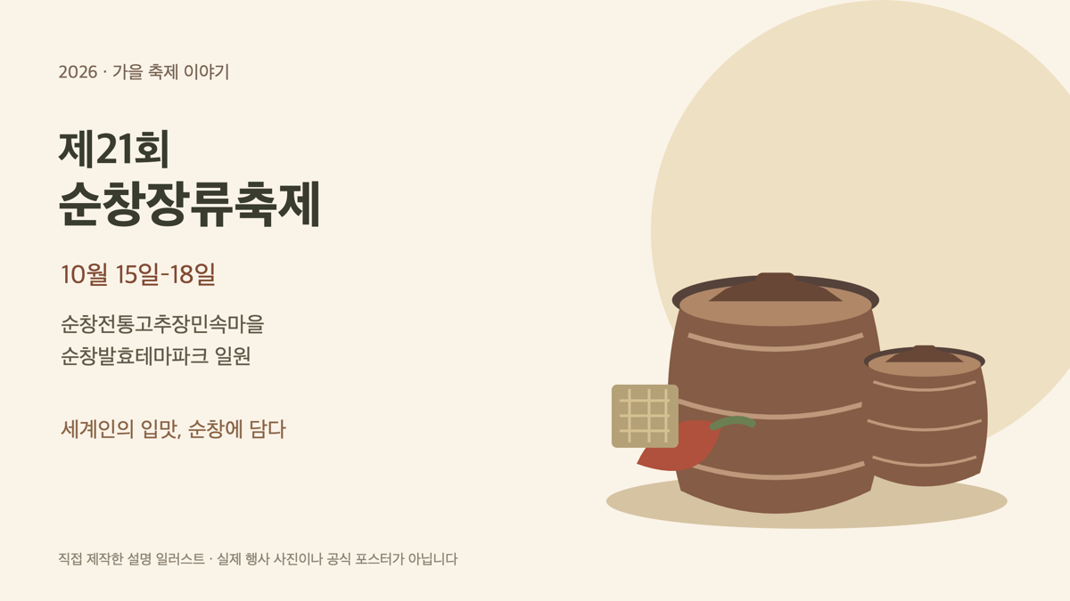 장독과 메주, 고추를 그린 순창장류축제 창작 설명 일러스트