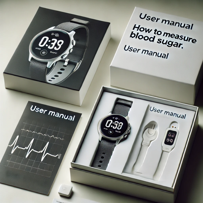 스마트워치 제품 박스와 함께 제공되는 매뉴얼과 간단한 사용법을 보여주는 상세 이미지.