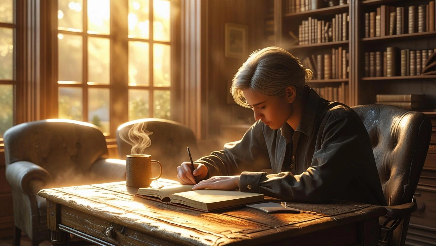 아늑한 사무실에서 직장인이 편안한 분위기 속에서 감정일기를 열심히 쓰고 있는 모습