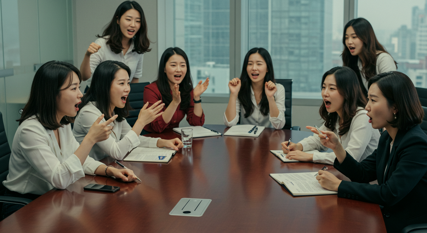 좋아하며 토론하는 엄마들