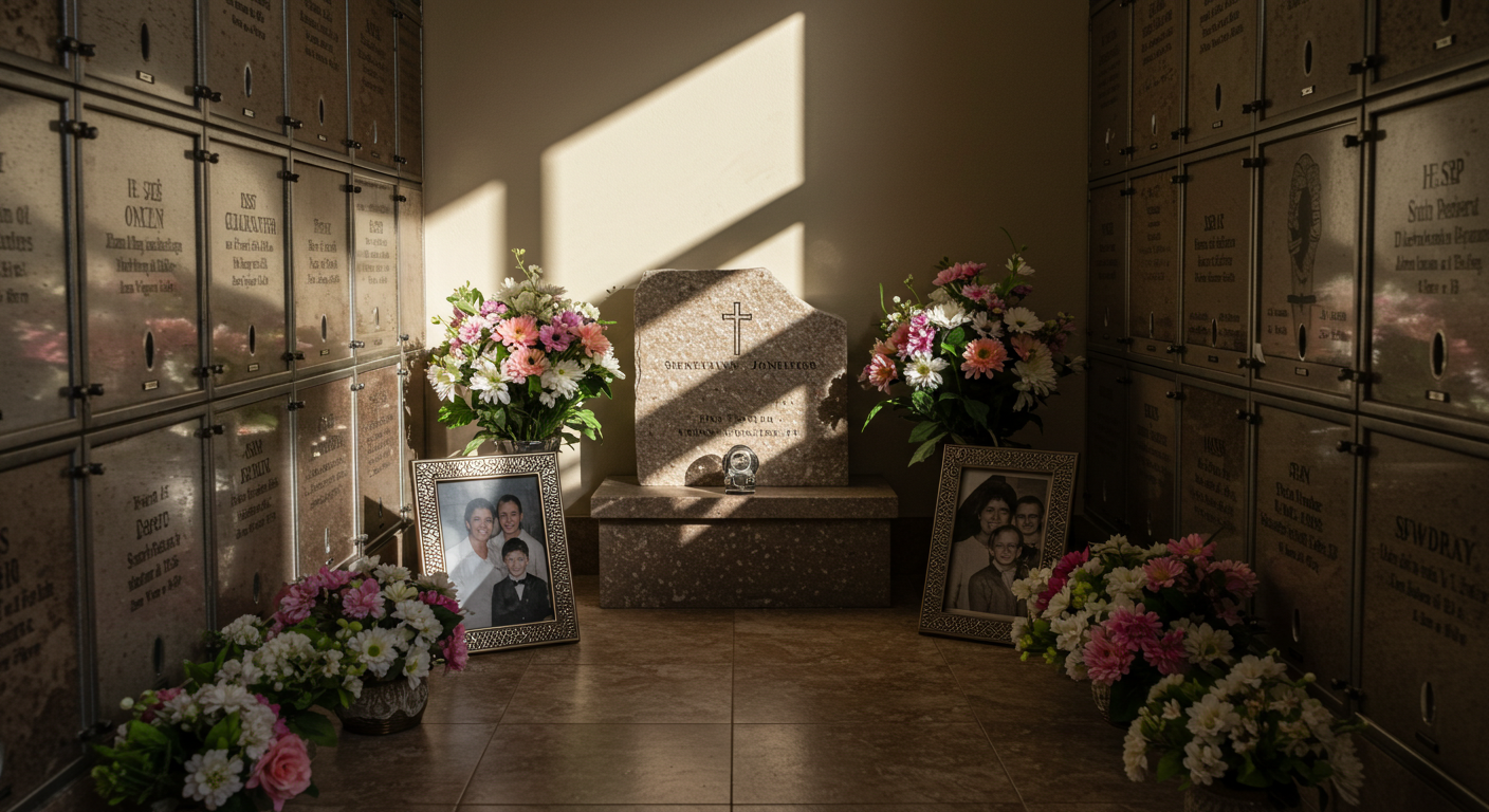 예쁘게 꾸며진 가족 납골당 공간. 작고 정갈한 비석이 있고, 파스텔 톤의 꽃 장식으로 둘러싸여 있다. 환하게 웃고 있는 가족 사진이 액자에 담겨 놓여 있으며, 햇살이 자연스럽게 스며드는 따뜻하고 평화로운 분위기. 단정하고 경건한 추모 공간.