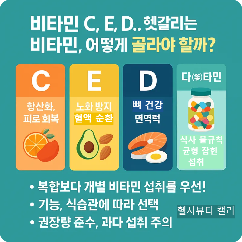 비타민 C, E, D의 기능과 섭취 팁을 설명한 한국어 인포그래픽