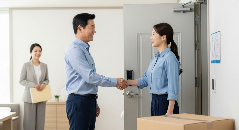이사 박스 옆에서 집주인과 세입자가 악수하며 합의하는 장면