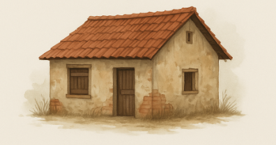 붉은 기와지붕과 황토빛 외벽으로 이루어진 농촌 단층 빈집