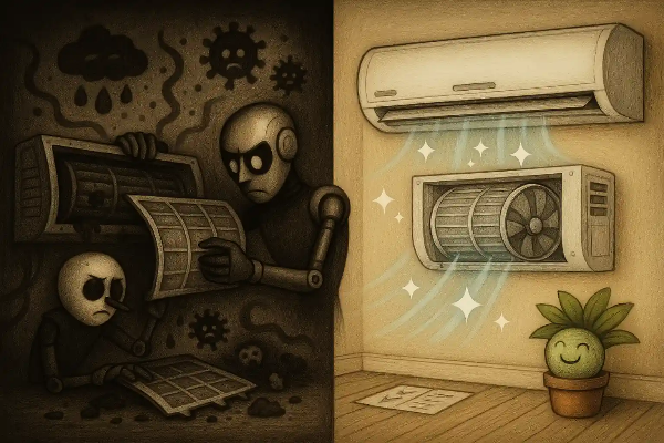 팀 버튼풍 대비 구성으로 에어컨 청소 전후를 표현한 로봇과 식물 캐릭터 감성 일러스트