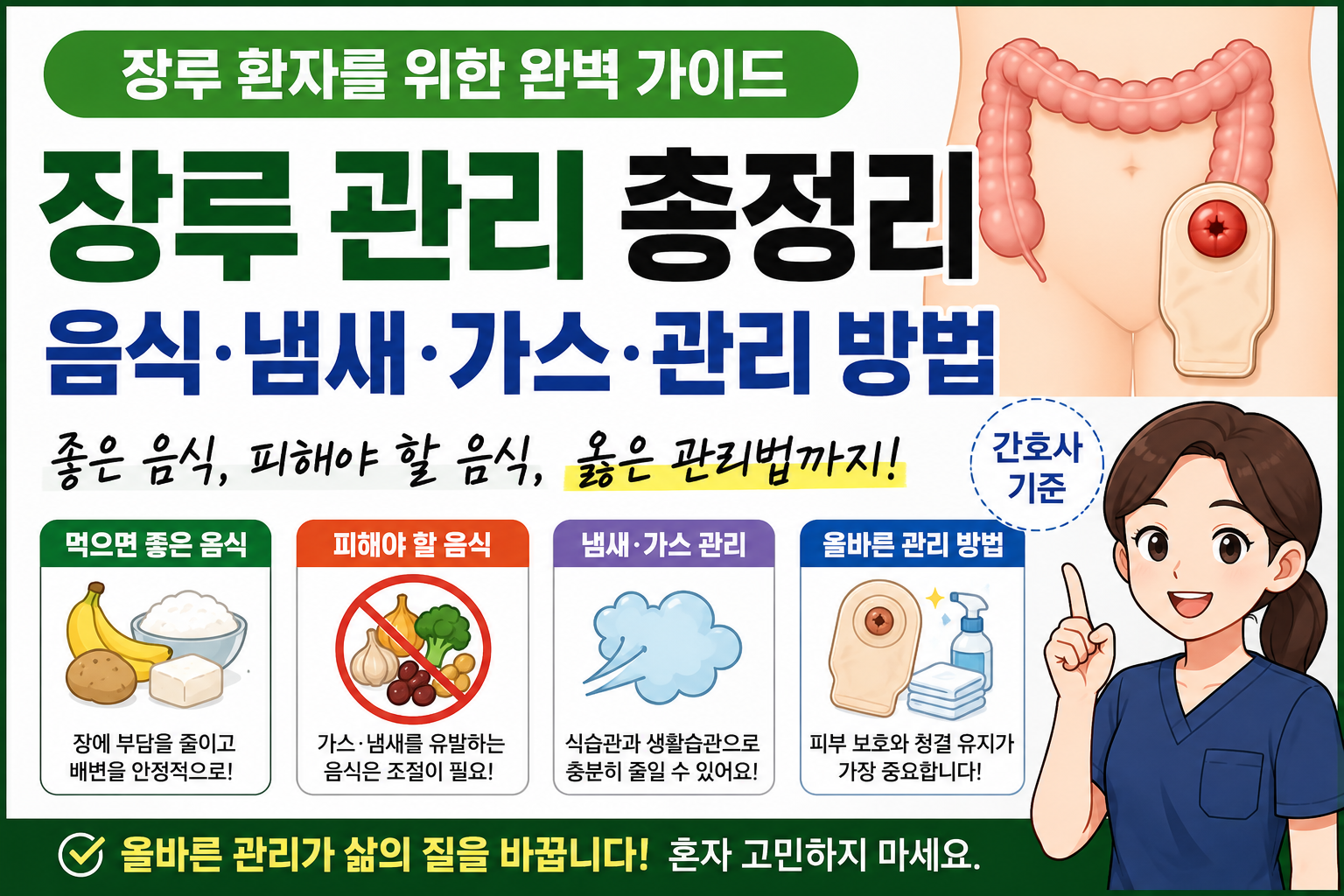 장루 환자의 음식 관리와 장루 케어 방법을 쉽게 정리한 간호사 기준 인포그래픽 이미지