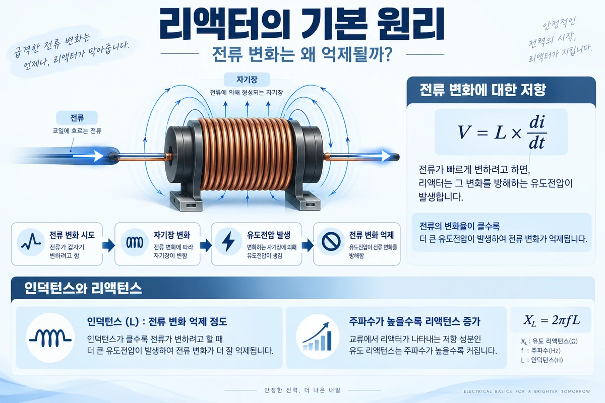 코일의 자기장과 유도전압으로 전류 변화를 억제하는 리액터의 기본 원리