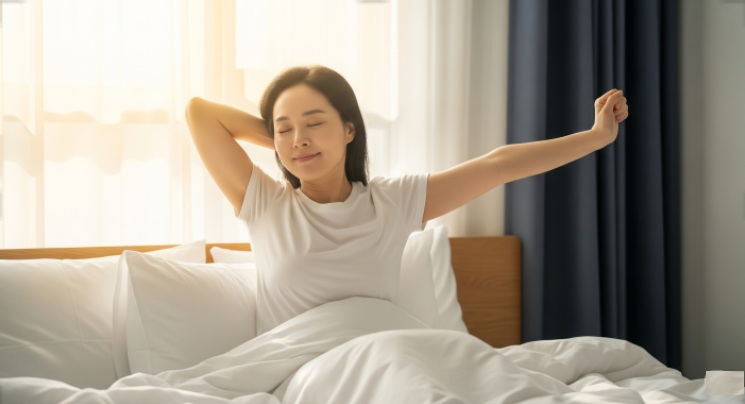 밝은 아침에 불면증을 극복하고 푹 잘 자고 개운하게 일어나 침대위에서 시원하게 기지개를 펴는 사람