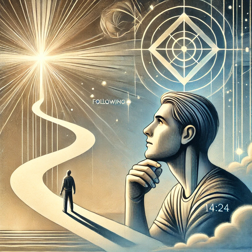 민수기 14:24 말씀을 묵상하며 하나님을 따를 때 생각이 변화하고 축복을 누리는 모습을 담은 그림입니다. 인물이 위를 바라보며 생각하는 모습은 시야를 주님께 두고 삶을 평가하는 것을 상징하며&amp;#44; 배경의 빛으로 이어지는 길은 하나님을 따르는 여정을 나타냅니다. 평화롭고 영적인 분위기를 표현한 이미지입니다.