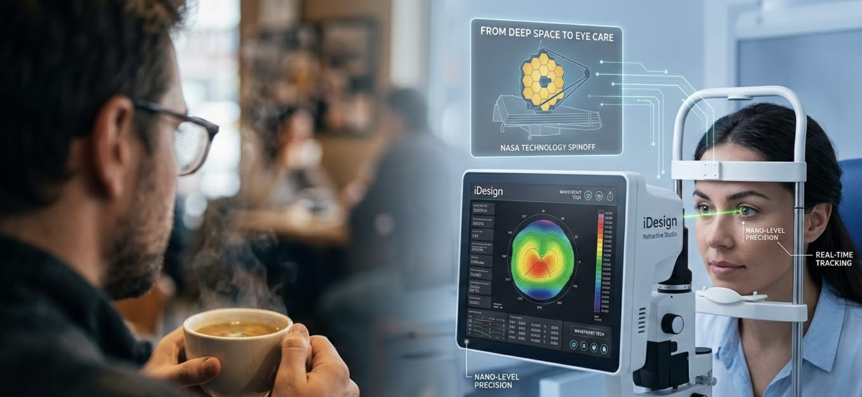 카페에서 안경 김 서림을 겪는 남성의 모습과 제임스 웹 우주 망원경 기술이 적용된 iDesign 라식 시력 교정 장비로 눈을 측정하는 모습이 대비된 합성 이미지