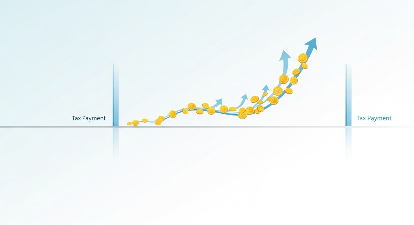 과세 이연으로 세금 납부가 미래로 미뤄져 자산이 계속 성장하는 모습을 추상적으로 표현한 그림