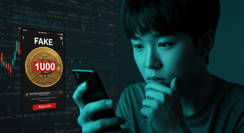 걱정스러운 표정으로 가짜 가상자산 거래 화면을 보고 있는 한국인 남성