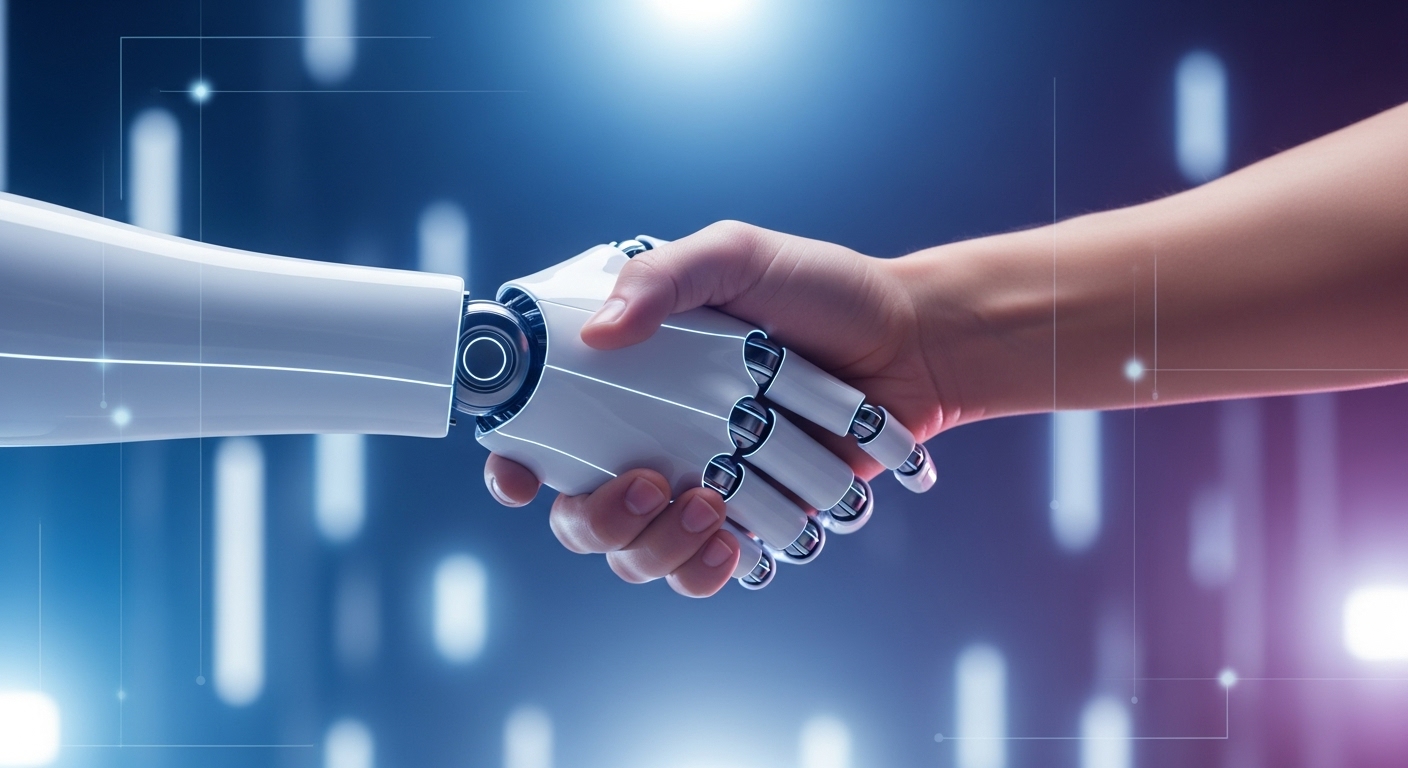 미래지향적인 AI 로봇이 인간과 악수하는 모습. '기술과 미래의 협력'을 상징