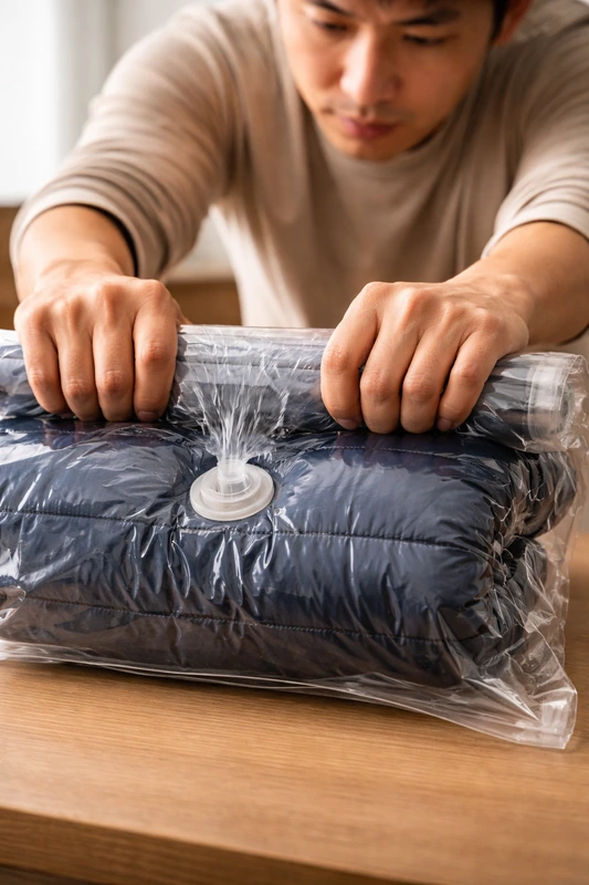 30대 한국인 남성 여행자가 투명한 여행용 압축팩을 손으로 말아 진한 파란색 패딩 점퍼를 압축하는 장면. 밸브를 통해 공기가 빠져나가며 패딩의 부피가 눈에 띄게 줄어들고, 나무 테이블 위에서 효율적으로 짐을 줄이는 모습이 클로즈업으로 담겨 있다.