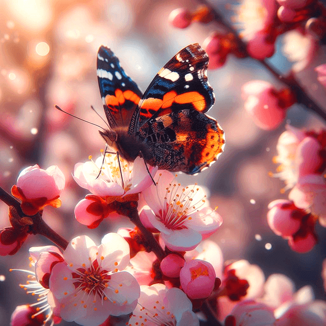 예쁜 벚꽃 위에 갈색 나비가 앉아 꿀을 먹는다.