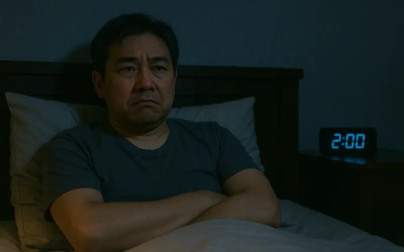 수면 장애로 깊은 잠을 이루지 못하는 40대 한국 남성의 밤 시간 모습