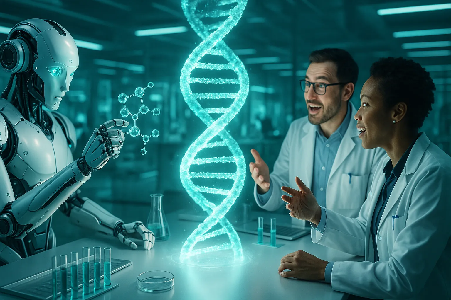 "AI와 인간 연구원이 협력하여 신약 개발의 혁신을 이끌어내는 미래 연구실의 모습"