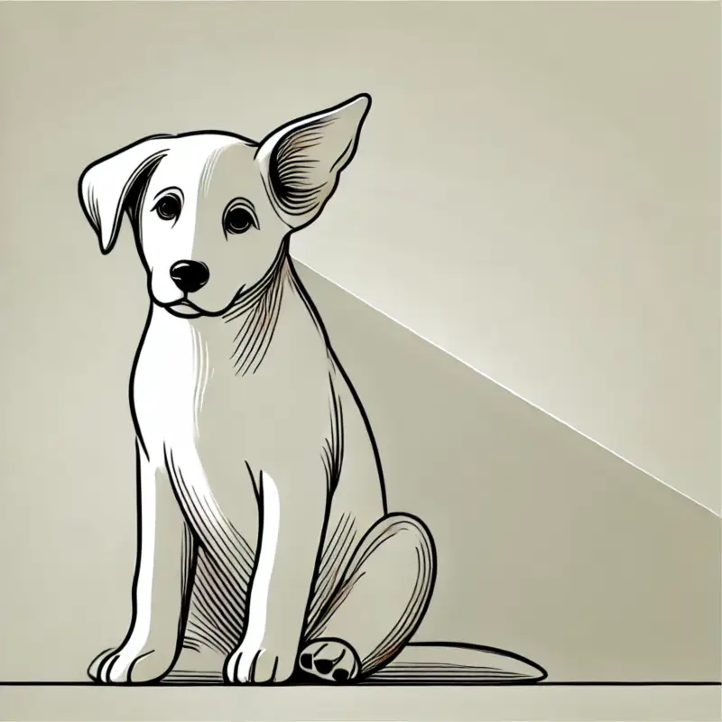 한쪽 귀를 살짝 기울인 반려견이 조용히 앉아 있는 장면