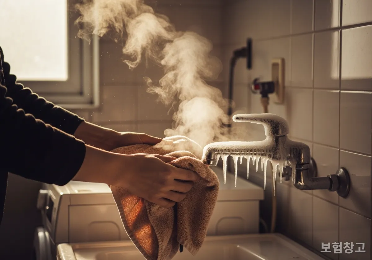 얼어버린 세탁기 수도꼭지를 따뜻한 수건으로 감싸 녹이는 모습