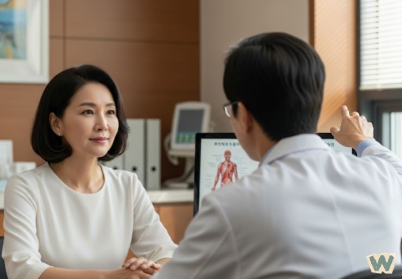 병원에서 40대 중년 여성이 의사와 상담을 받고 있는 모습, 의사가 태블릿으로 설명하고 있음 via canva