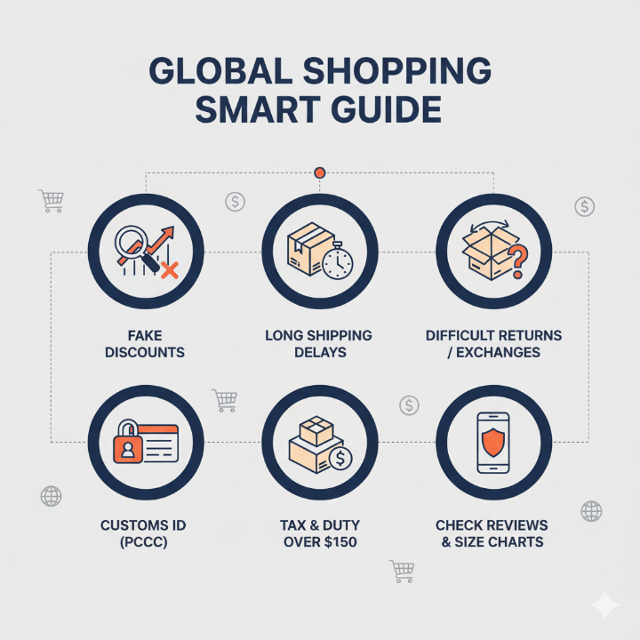 해외 직구 시 주의해야 할 사항들을 아이콘으로 표현한 인포그래픽