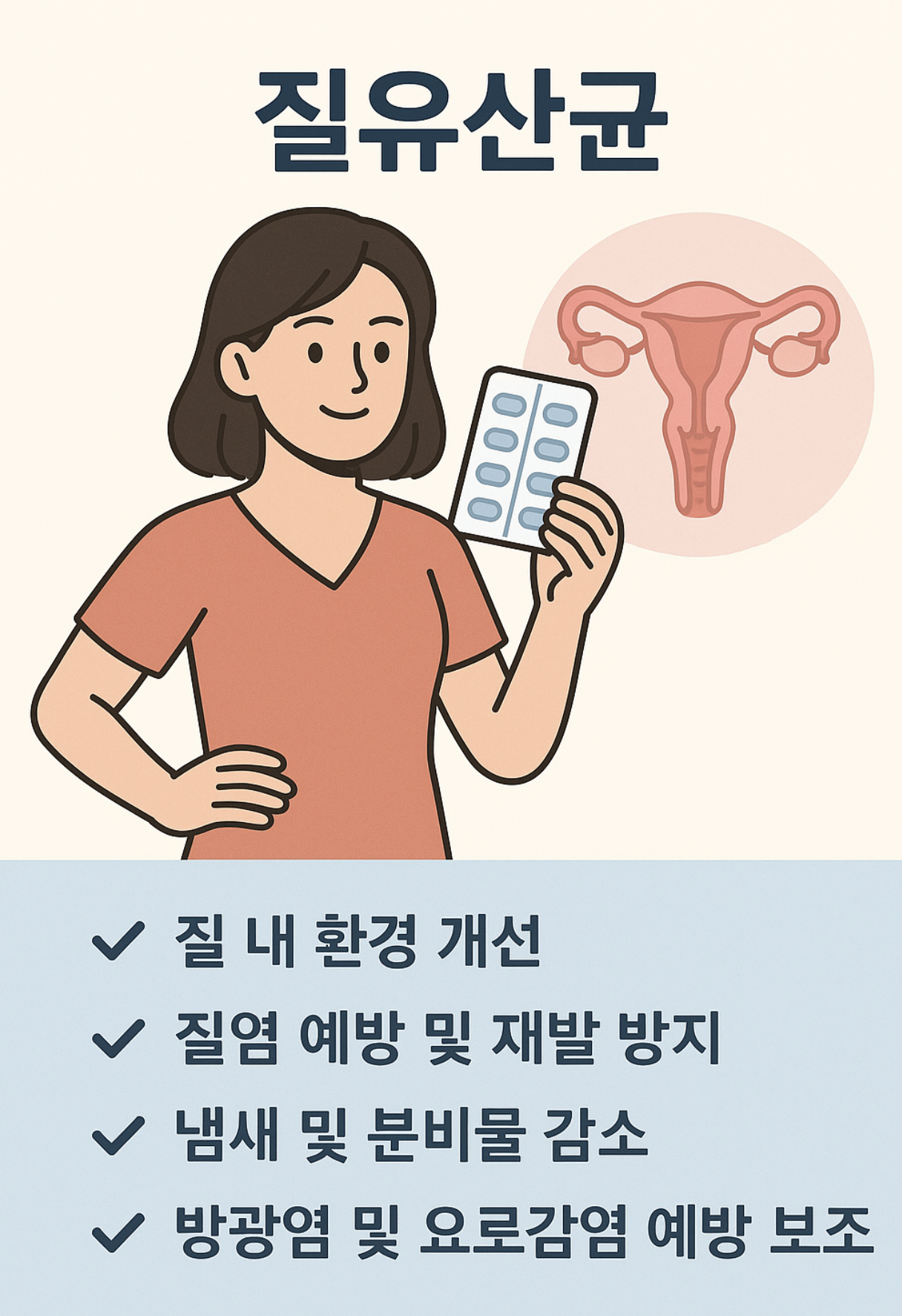 여성이 유산균 알약을 들고 웃고 있는 모습