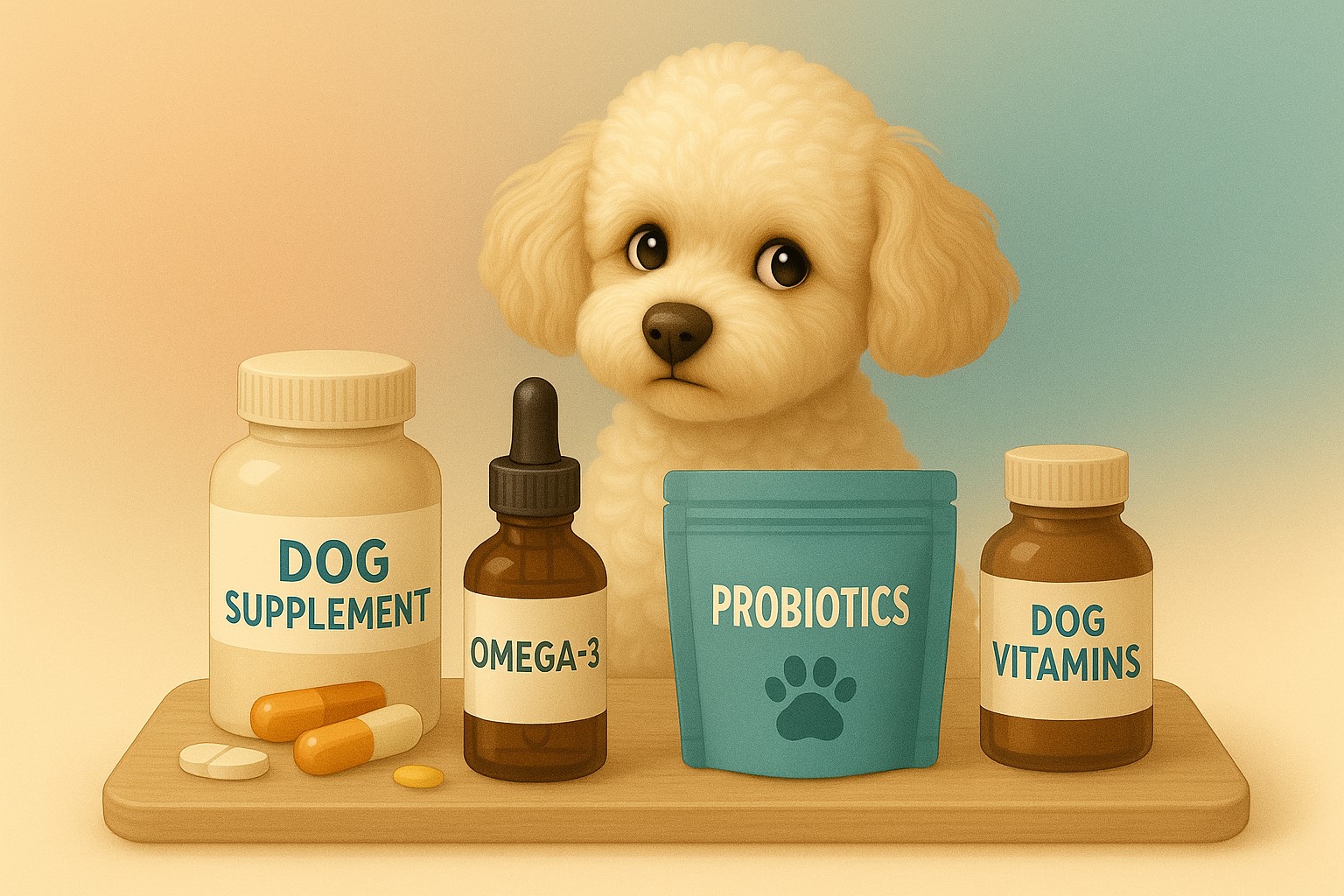 바닥에 놓인 영양제(캡슐, 오메가3보틀, 프로바이오틱스 파우더,비타민병)와 푸들이 함께 있는 장면
