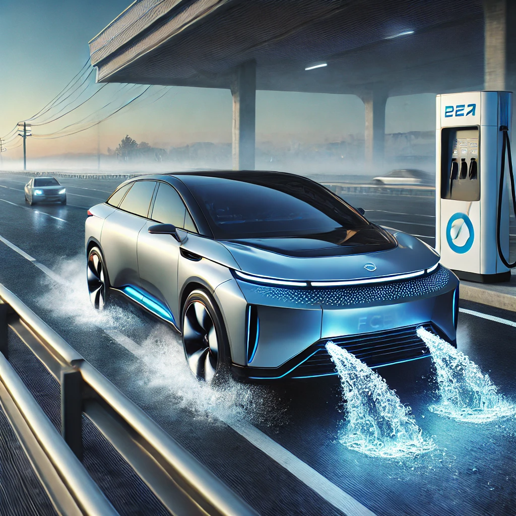 수소로 구동되는 수소 연료 전지차가 도로를 달리며 배출되는 물방울이 보이는 장면.