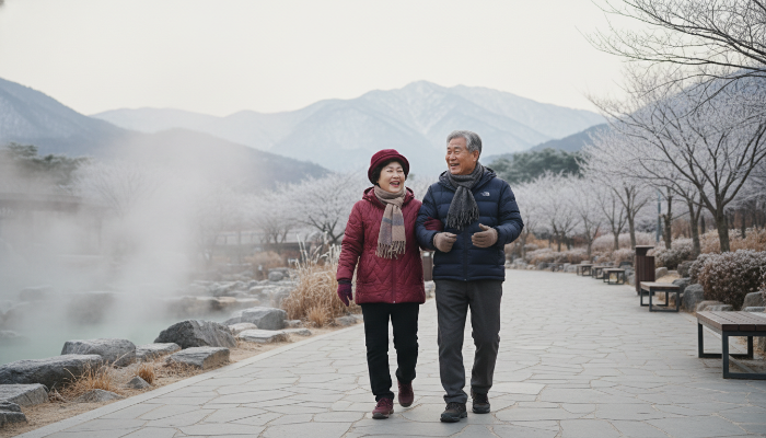 따뜻한 겨울 옷을 입은 두 명의 시니어 친구가 온천 리조트 근처의 평화로운 길을 걸으며 즐겁게 대화하고 있는 모습.