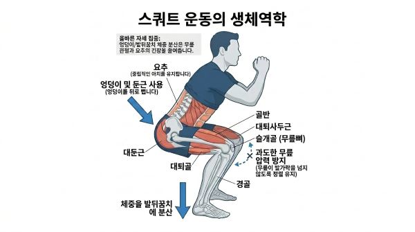 스쿼트 운동의 생태역학을 보여주는 인포그래픽