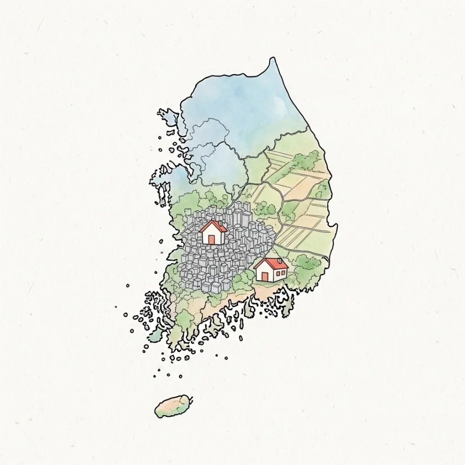 한국 지도 위에 도시와 지방 주택이 표시된 그림