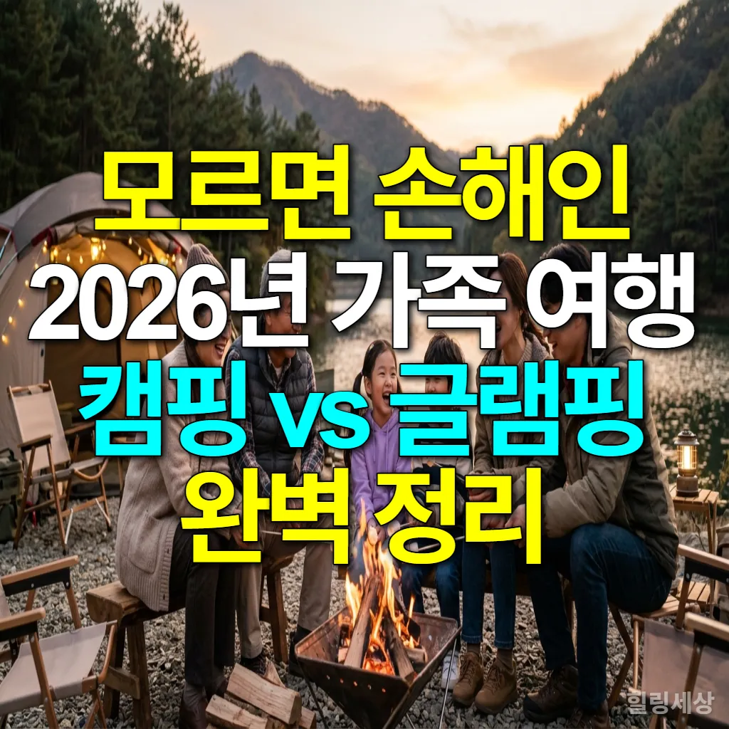 2026년 한국의 한 캠핑장에서 모닥불 주위에 모여 즐거워하는 한국 가족의 모습
