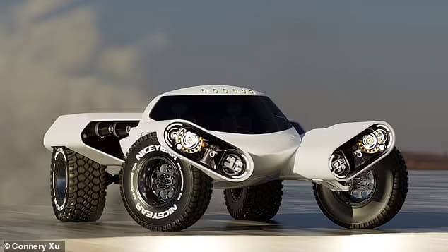 울퉁불퉁한 지형 적응 위해 차체와 바퀴가 자동 비틀어지는 오프로드카 Is this the future of off-roading? Bizarre electric concept car 'The Huntress' has wheels